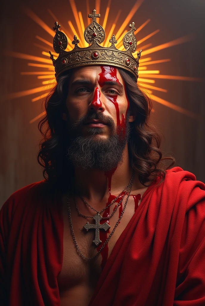 Generate an image of the royal Jesus Christ of Israel with a crown of thorns and completely covered with a cloak and blood on his face 
