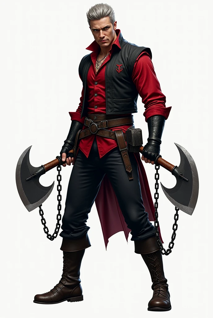 ((アニメ)),((detailded))A half demon of d&d,magical,,cape and red campus,rogue outfit,an iron bracelet with a mouth at the bottom,two daggers attached to the waist,a spear hanging from the back,a scythe at the waist,a crowbar stuck in the leg,a black covered book with chains and a padlock,the book is in the right hand