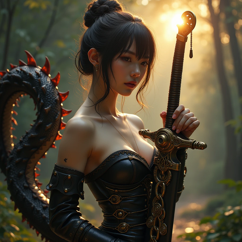 (1 Mechanical Girl)、top-quality、masterpiece、超A high resolution、(Photorealsitic:1.4)、Raw photo、女の子1人、Golden hair、glowy skin、(((1 Mechanical Girl)))、With a beautiful knife、(Blue Metal Bodysuit)、(beautiful forest background)、(Fighting Demonic Beasts)、(Small LED)、((super realistic details))、portlate、(Strong giant demon beast background),globalillumination、Shadow、octan render、8K、ultrasharp、Colossal 、Raw skin is exposed in cleavage、metals、Details of complex ornaments、Japan details、highly intricate detail、Realistic light、(Mystical expression),CGSoation Trends、Red Eyes、radiant eyes、Facing the camera、neon detailechanical limbs)、(blood vessels connected to tubeechanical vertebrae attached to the back、mechanical cervical attaching to neck、(Wires and cables connecting to the head)、Gundam、Small LED、,Mechanical thighs、Toostock、(Hands are also made of machines)、(Attack of the Monster Beasts)、(Wounded in a deadly battle)、