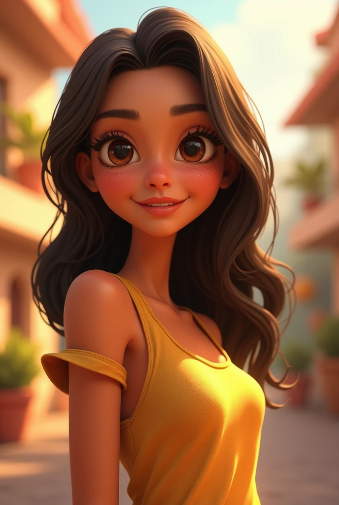 Create a Pixar-style character with long, straight hair ,light brown skin woman, small breasts dark brown eyes and thin face with tank top