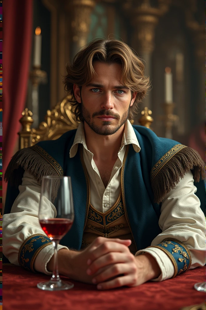 Masterpiece, high resolution, HDR, detailed composition, unique, hot handsome charming daddy in a pub invites you for a drink, 1500s, elegant clothing, medieval fashion, luxurious clothing, super fine golden detailing on his clothes, wearing elaborate jewelry, fine jewelry, wearing rings and necklace, golden, gold, diamond, shiny, royalty, wearing a large crown with extremely fine details, he is the heir to the throne, divine, opulence, grandeur, wealthy, rich taste, affluence, wisdom, sophisticated man, dashing man, scruff and hairy, mature, masculine, macho, hair coming out of chest, beautiful eyes, symmetrical eyes, staring directly at camera, 1500s, offering a drink at you, charming smile, full body, full figure