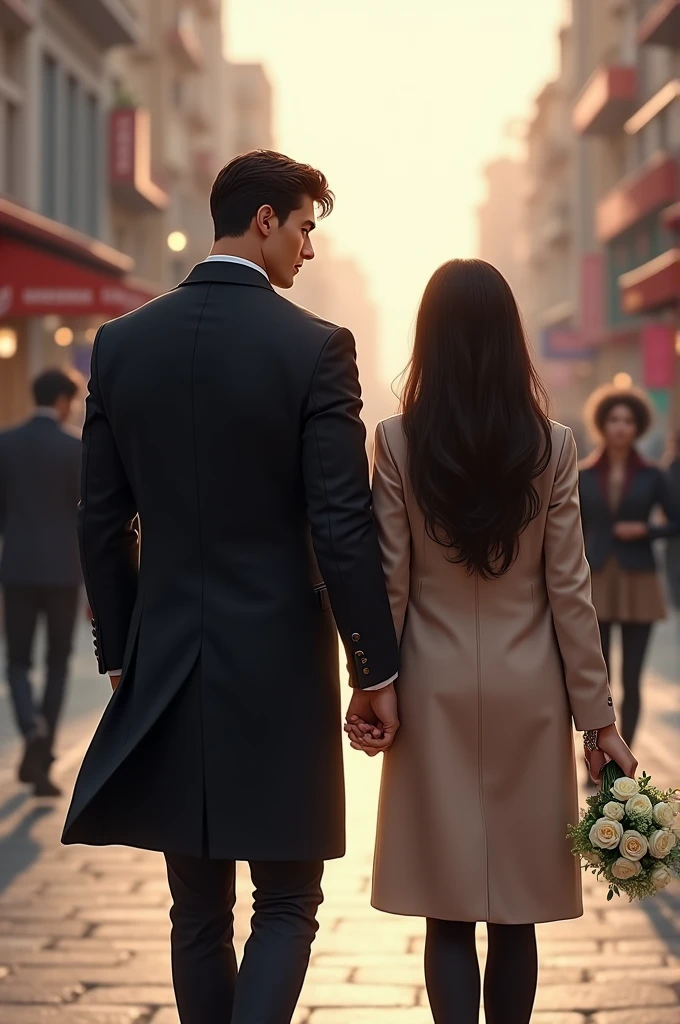 neo noir style scene with a man red tie and a woman red dress in walking down the street black and white background reds only ultra realistic 4k