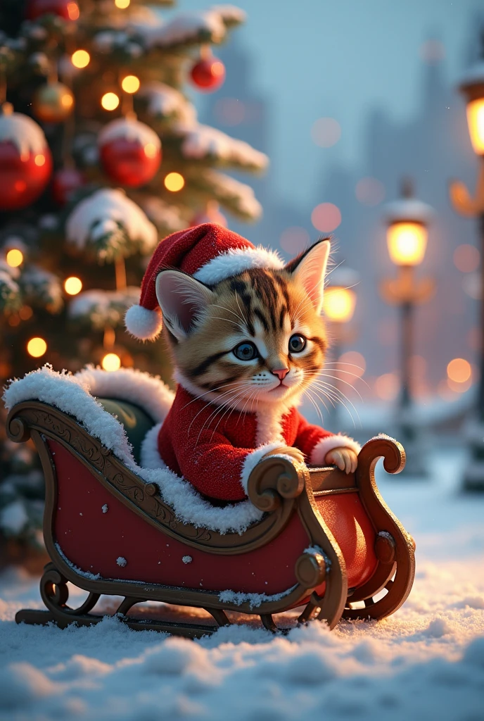  The cutest brown tiger pattern kitten in the world dressed as Santa on a reindeer sleigh、((Realistic:1.3))、 very big Christmas tree 、 white christmas、City views decorated with Christmas illuminations 