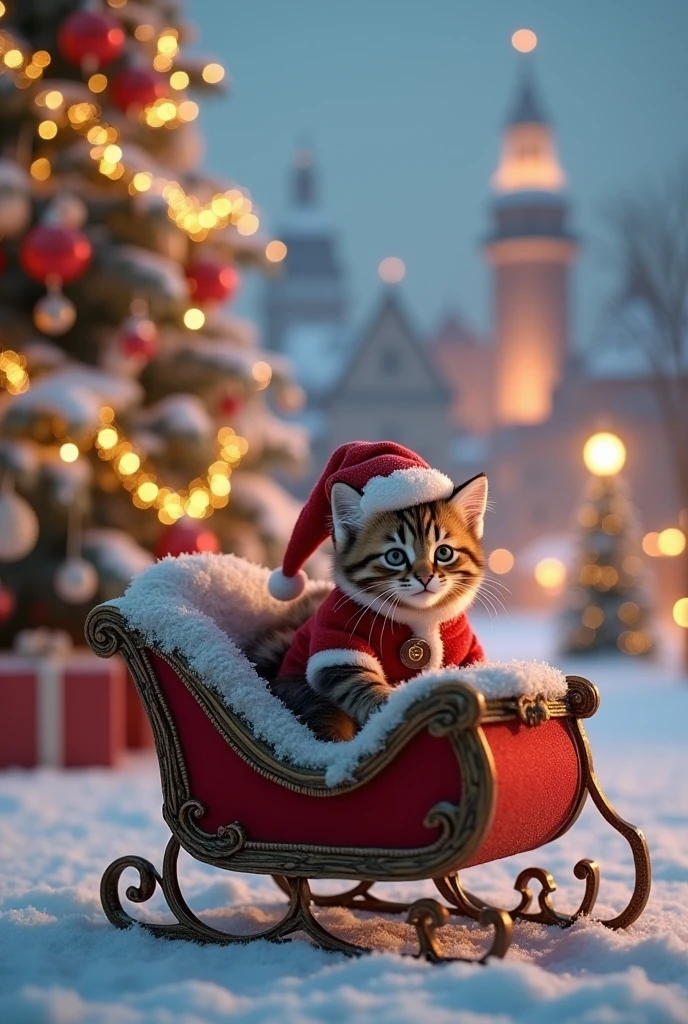  The cutest brown tiger pattern kitten in the world dressed as Santa on a reindeer sleigh、((Realistic:1.3))、 very big Christmas tree 、 white christmas、City views decorated with Christmas illuminations 