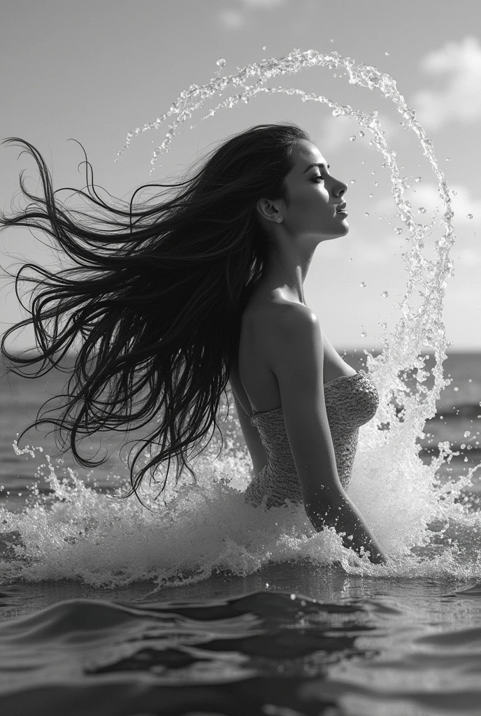 Black and white A hyper-realistic fashion photograph, FULL BODY, OPEN LEGS, big breast, A portrait of a person with arms gracefully crossing their chest, The pose creates a sense of calm and introspection, with the arm positioned in a way that partially covers the chest, adding an element of modesty and elegance to the composition, focusing on a woman on a serene beach. with gentle ripples moving across her skin, and organic objects like leaves and petals floating around her. The scene captures the natural curves of her torso, emphasizing her aesthetic femininity with an open-legged posture. low contrast and neutral tones, creating a soft, serene atmosphere. The hyper-realistic detail showcases the texture of the wet sand, the water droplets on her skin, and the organic elements in the water. The lighting is delicate, casting gentle shadows and highlights that enhance the contours of her body, contributing to the lifelike elegance and tranquility of the sceneAn artistic and conceptual fashion photograph featuring beautiful woman with long curly hair, egiptian woman, green eyes, naked,
