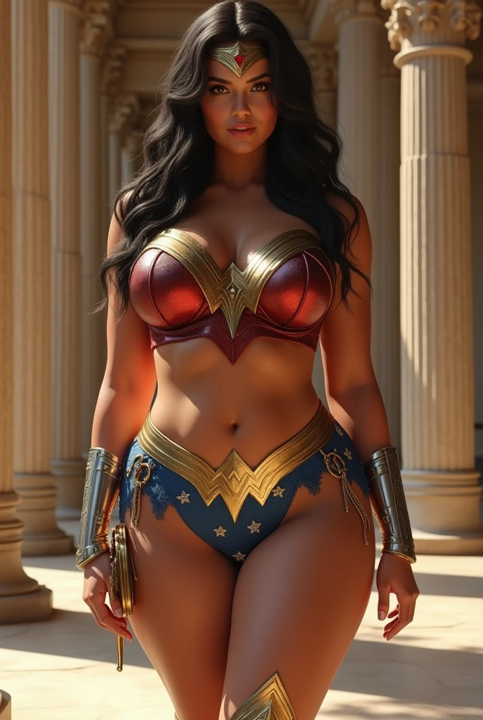 (melhor qualidade,4k,8k,alta resolução,masutepiece:1.2), (girl negra, pele de ebano, BBW, 30 anos), cintura fina, (bunda enorme, Sagging Tits: 1,9), cabelo afro, Footfall , ( WONDER WOMAN costume), sexy, sensual, hot, sorridente, (Sagging Tits: 1,9), decotes, bunda enormes. ((mesmo personagem, headpe, lado, costas)), (perfect hands)