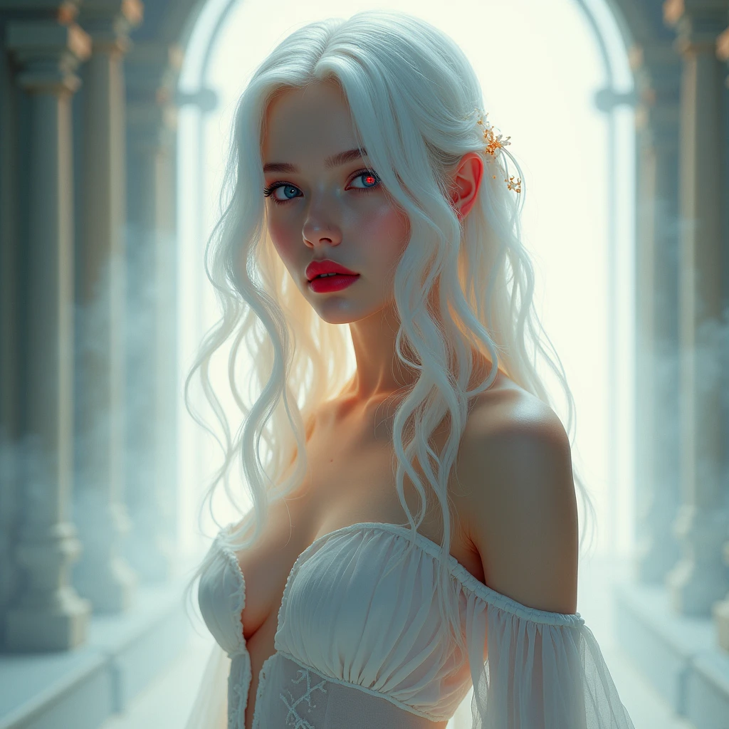 A serene scene of a woman bathing in a white robe, (far away), ((Hyper realistic:1.2)), ((early morning, foggy)), ultra detailed, realistic, 8k, (((sfw:1.4)))