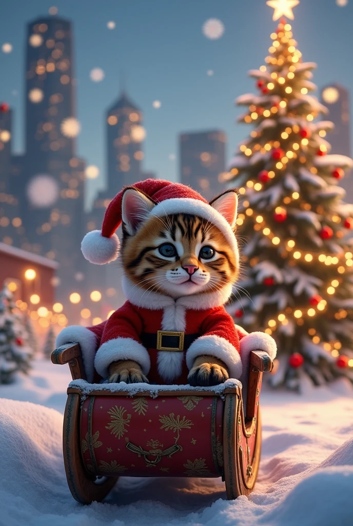  The cutest brown tiger pattern kitten in the world dressed as Santa on a reindeer sleigh、((Realistic:1.3))、 very big Christmas tree 、 white christmas、City views decorated with Christmas illuminations 