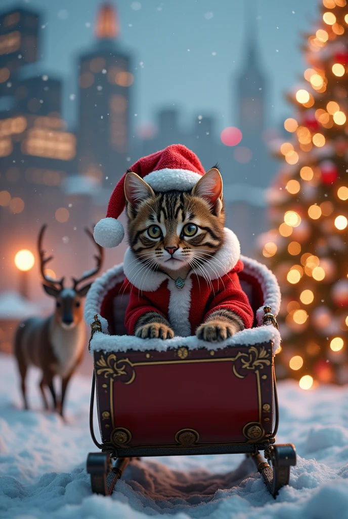  The cutest brown tiger pattern kitten in the world dressed as Santa on a reindeer sleigh、((Realistic:1.3))、 very big Christmas tree 、 white christmas、City views decorated with Christmas illuminations 