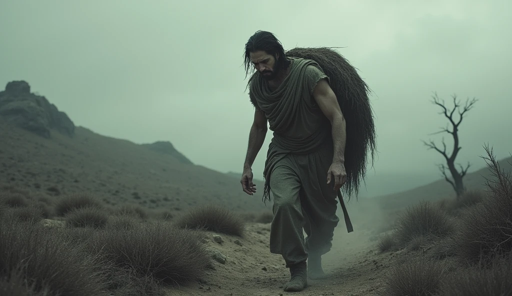 A tall man, skinny man with white skin blackened by the sun and a black beard dying on a garbage dump  