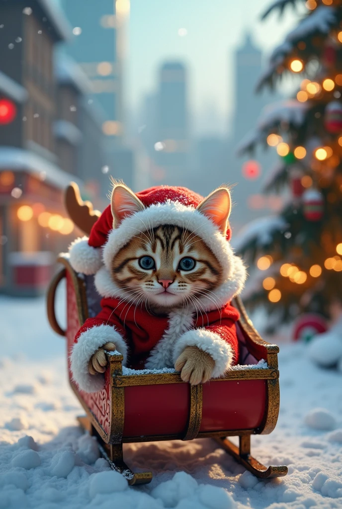  The cutest brown tiger pattern kitten in the world dressed as Santa on a reindeer sleigh、((Realistic:1.3))、 very big Christmas tree 、 white christmas、City views decorated with Christmas illuminations 