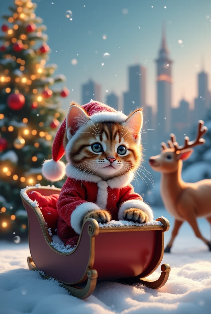  The cutest brown tiger pattern kitten in the world dressed as Santa on a reindeer sleigh、((Realistic:1.3))、 very big Christmas tree 、 white christmas、City views decorated with Christmas illuminations 