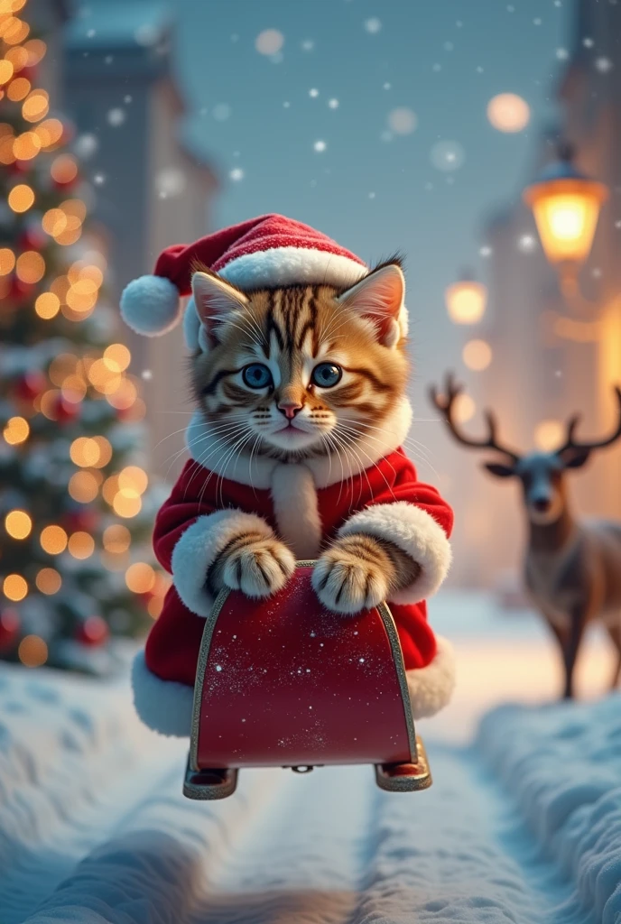  The cutest brown tiger pattern kitten in the world dressed as Santa on a reindeer sleigh、((Realistic:1.3))、 very big Christmas tree 、 white christmas、City views decorated with Christmas illuminations 