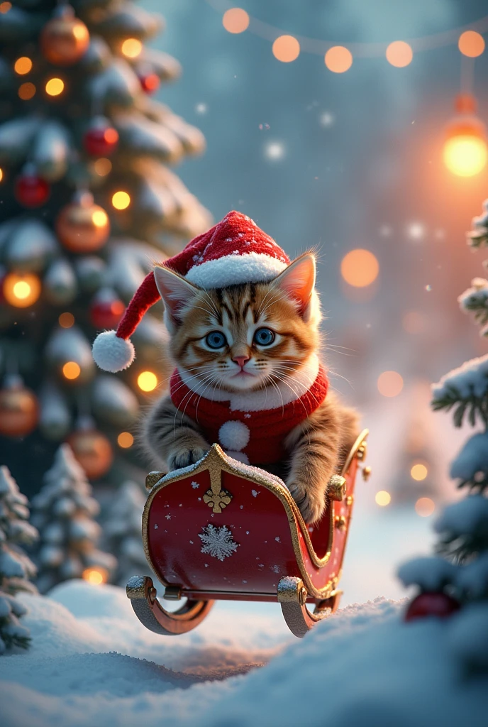  The cutest brown tiger pattern kitten in the world dressed as Santa on a reindeer sleigh、((Realistic:1.3))、 very big Christmas tree 、 white christmas、City views decorated with Christmas illuminations 