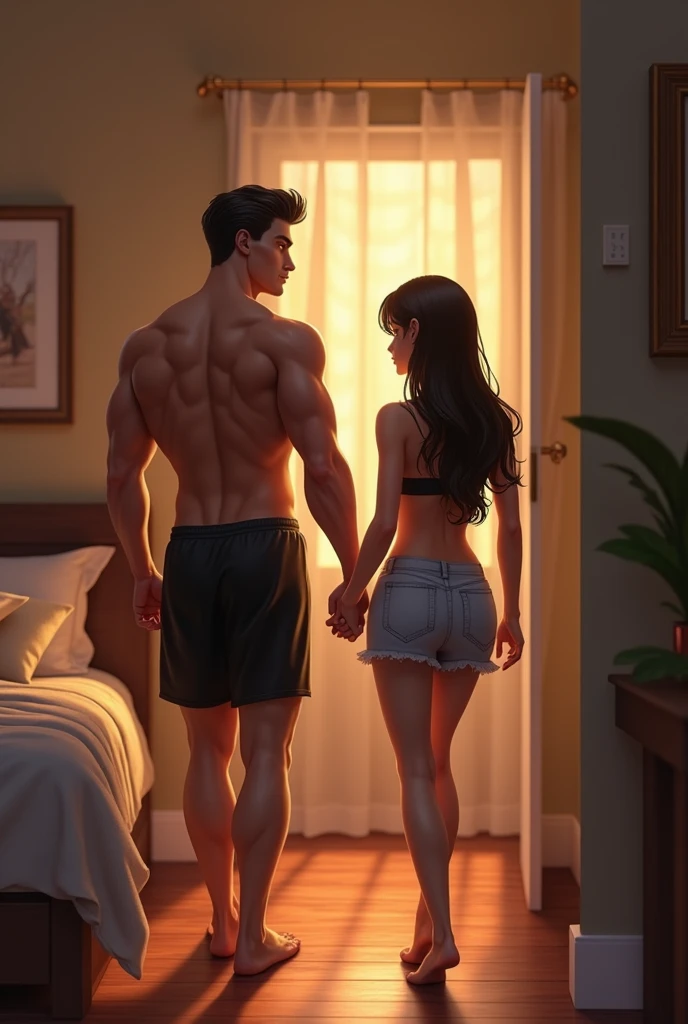 3D animation of a handsome man with a strong body not wearing clothes, having sex with a beautiful woman, white skin, sexy body, big breasts, wearing a bra, big ass
