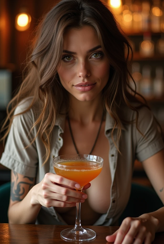 A woman with glasses happily drinking whiskey