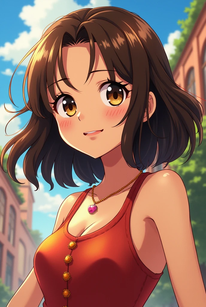 A brunette girl with curly hair, Arab, with almond-shaped brown eyes, in the anime One Piece