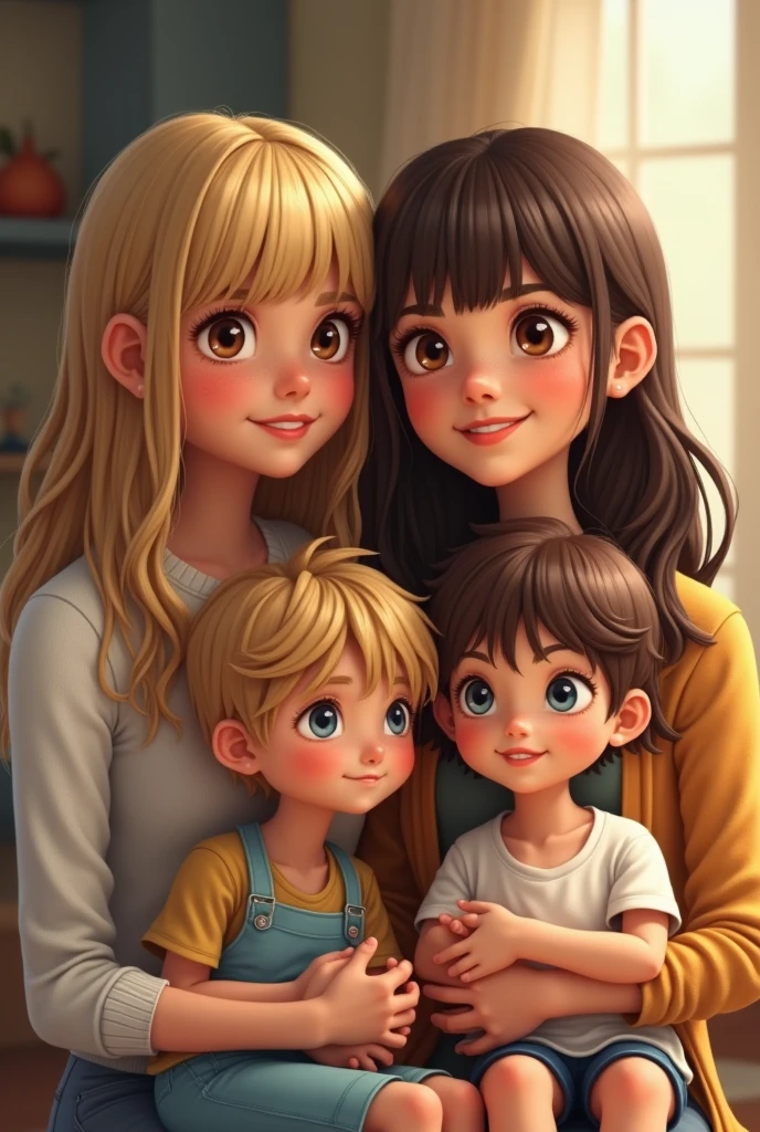 A family of four. Brazilian mother, blonde and brown, the three children of Japanese descent with Brazilian, dark hair and eyes. The 50 year old mother, the children of 30, 25 (naughty man) and 22.