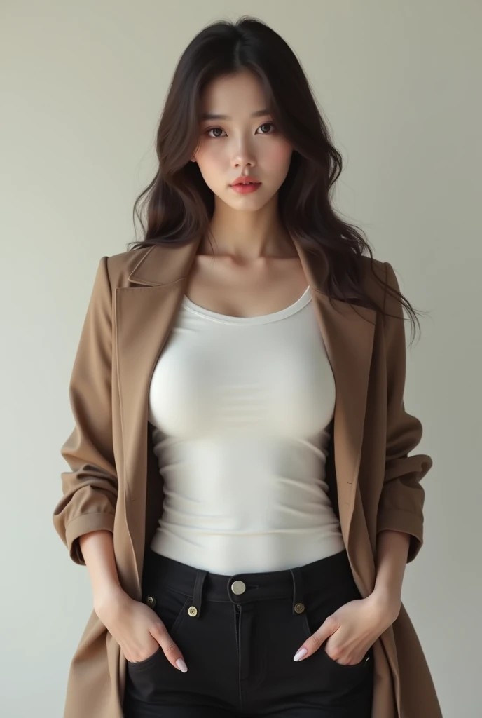 (Highest quality, masterpiece:1.2), White Background, (Huge breasts:1.2), Realistic, Big Breasts, Huge breasts, Huge hips, thick, Narrow waist, Long legs, Thick thighs, Fair skin, Rosy Cheeks, Porcelain Skin, White T-shirt, Crew neck, Closed Neck, pants, (Business jacket:1.2), (Blonde:1.2), (blue eyes:1.2), Big eyes, (Mature Woman:1.2), Beautiful woman, smile, eyelash, Highly detailed face, Japanese Goddess, Japanese actress, Japanese Model,