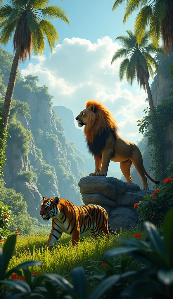 A majestic scene featuring a lion and a tiger in a lush jungle ...