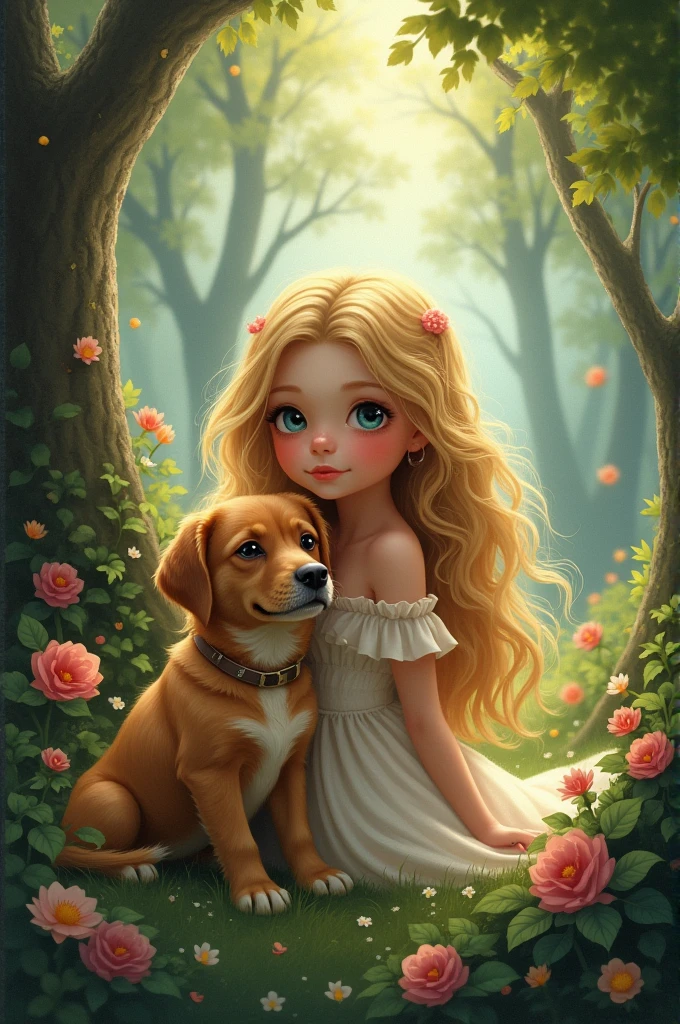 child ((princess-like woman)), elegant silhouette, work of art, best qualityer, Sweet face, long hair,Large Breasts, (work of art:1,2, best qualityer), (image drawing, details Intricate), (1 child, with dog , golden blonde loose hair, large blue eyes, long hair, bracelet, beautiful face, gorgeous eyes, gazing at viewer, Ela está usando um pink dress de child, appropriately dressed as a CEO, pink transparent dress, sweet irresistible smile, elegant pose, sleek hands, beautiful hands, perfect toes, is in the forest with a beige dog, fund: This is in a forest with red flowers on the road, and river of clean waters