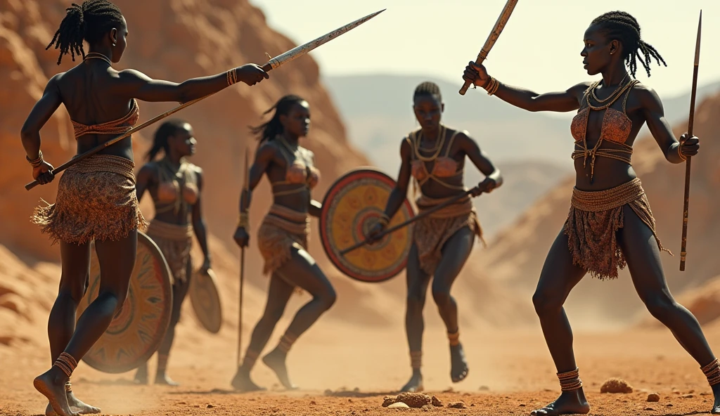Arafed group of women in warrior costumes standing in a desert, na captura de tela do filme 300, 8 k filme ainda, ainda de um filme de fantasia, Wakanda, filme ainda 8K, Ainda de um filme de Ridley Scott, ainda de um filme live action, Filmado de Cinematic, cinematic goddess shot, membros da tribo atacando, Filme 4k ainda