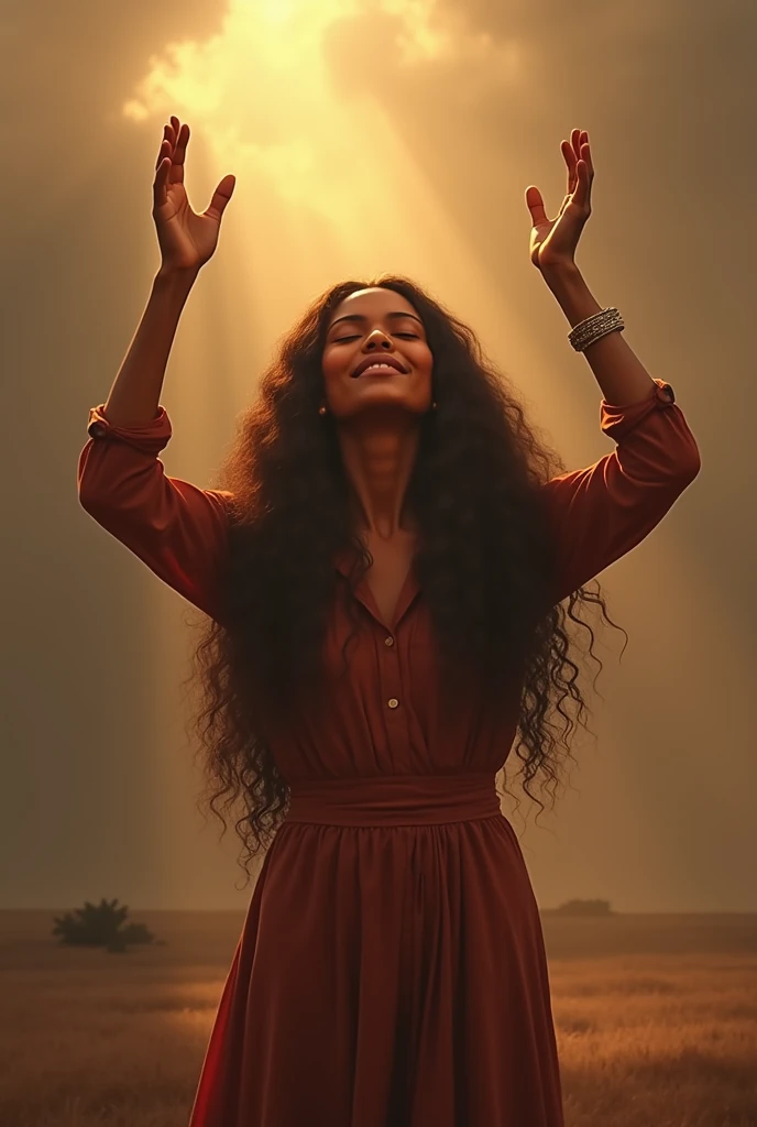 An eritrean beautiful girls with caramel skin color and long curly hair  lifting their hands in prayer or trust, their face glowing with inner peace. The surroundings are bathed in soft light, with shadows of the storm retreating into the distance. A peaceful aura surrounds them, showing triumph over adversity.