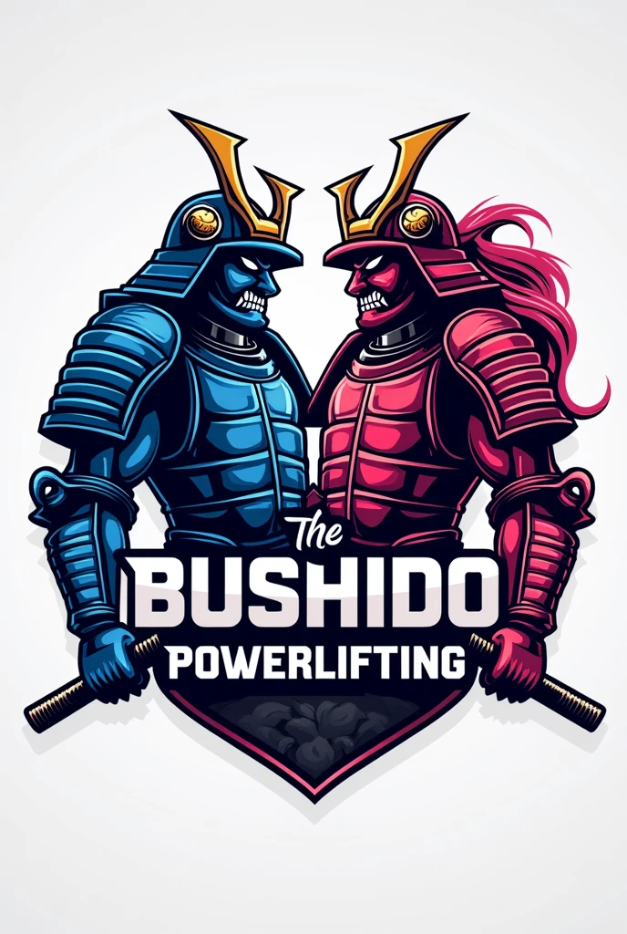 Make a logo for a powerlifting team . Put on two Samurai suits of armor, one male (blue) and a female one (rosa) and a deadlift bar at the bottom with the name "bushido powerlifting"