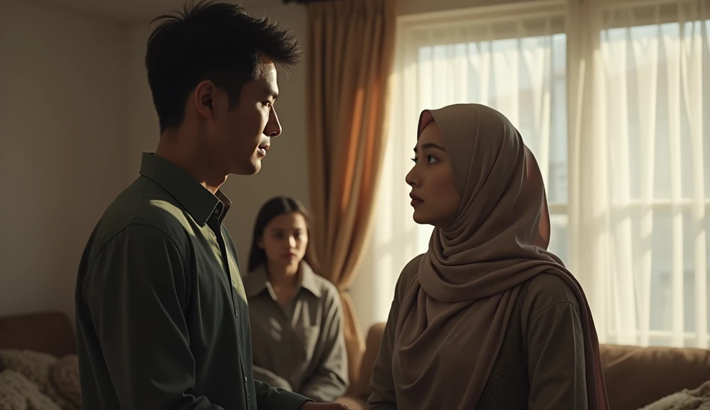 A malay veiled girl is sucking a man's coat
