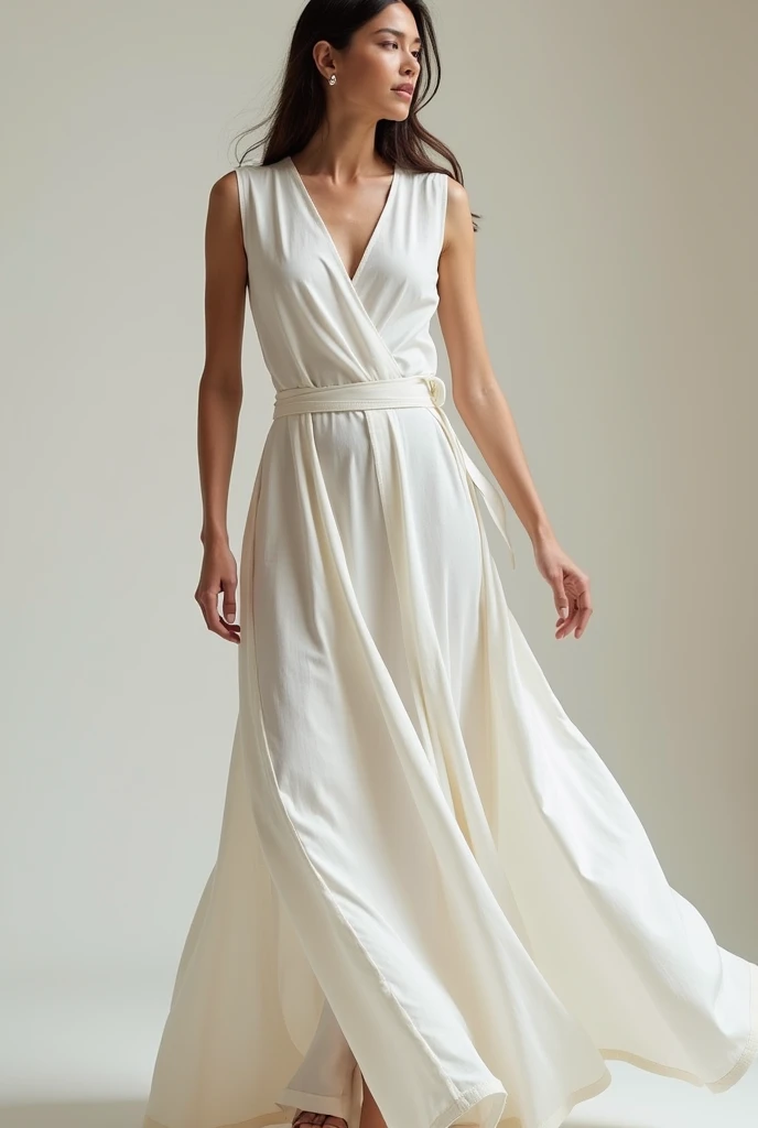 Crie a fotografia de uma mulher de 30 anos, loira, em estilo realista, with high resolution. A foto deve ser  bem iluminada, com luz suave e sem sombras fortes. The framing will be full-body, destacando suas pernas, vestida com um traje encantador de elfo, featuring a delicate and fluid dress, tons suaves  de, branco, prata e ouro
