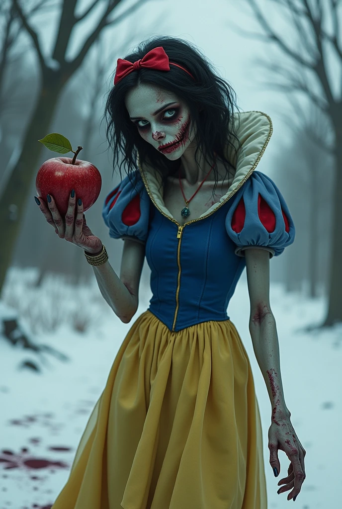 "(((masterpiece))), person as Snow White, wide hips, holding a red poison apple, forest, eerie atmosphere, dramatic lighting"