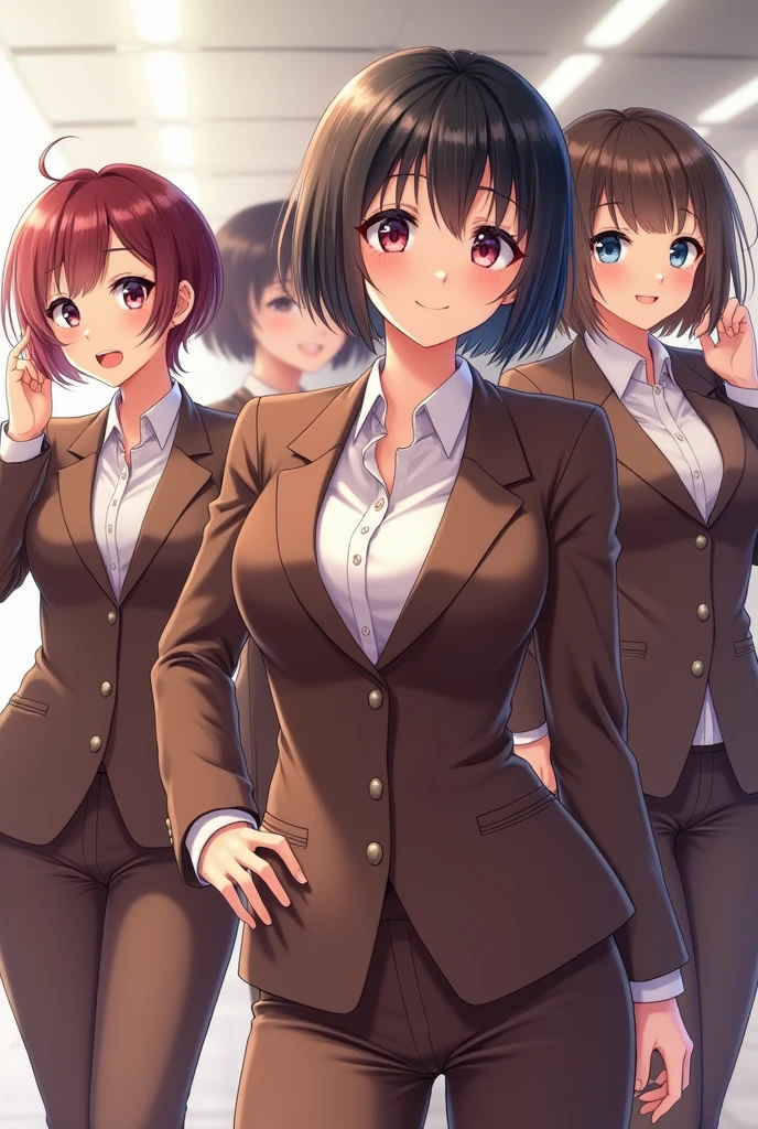 masterpiece, best quality, simple background, random hairstyle, large breasts, 6 girls, blazer,
