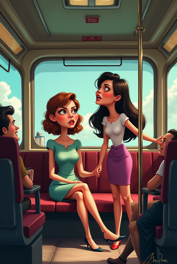 1. Beautiful Women, Big body, Asian Girl, ponytail, Contoured eyelids, Makeup eyelids, Sleeveless shirt, Pink Shirt, Cleavage, skirt, turquoise skirt, High heels, Cream colored shoes, Brown bag, Sit on the bus and sleep, Open your mouth, close your eyes、Love Jure