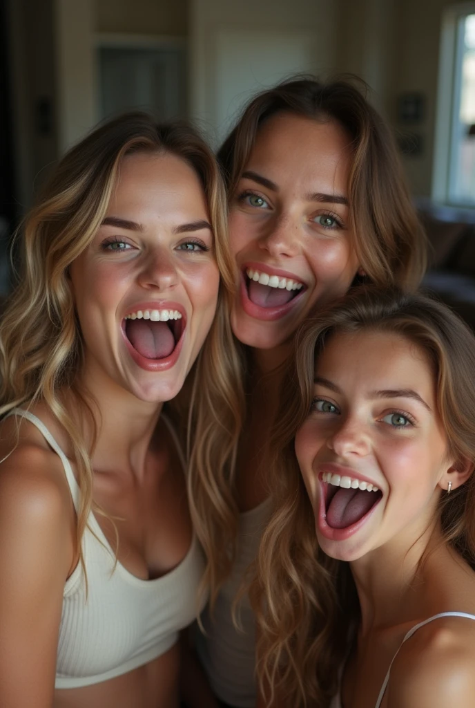 Three female white young s, mouth very wide open and smiling, eyes wide open in a crazed look, long hair, wearing string bikini, extreme skin detail, ultra realistic, 8k, wallpaper, kneeling on carpet between a man’s legs, ((viewed from above))