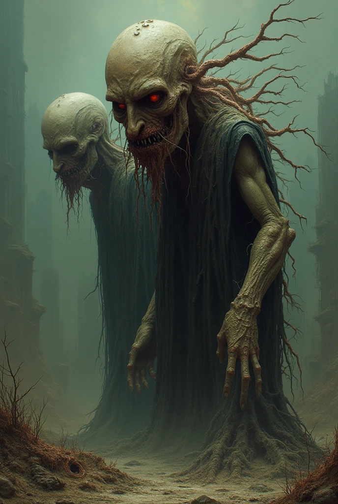 Corrupt Zombies、Lush vegetation、Fractal Art、Super detailed、8K、Photorealistic、Cinematic lighting、Dramatic Shadows、Dark and gloomy atmosphere、Earth Colors、Bright colors、Complex organic texture、Twisted, gnarled roots、dense foliage、Cracked rotting flesh、Creepy look、rotten teeth、Sunken eyes、Tattered clothes、Dramatic Pose、Dynamic configuration
