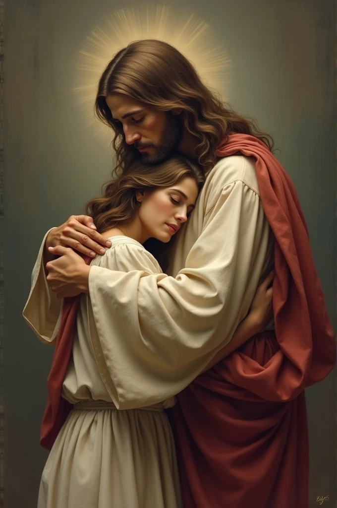 Create a tender and comforting image representing 'Jesus carrying a person in His arms and protecting them holding a person close in His arms, cradling them with care. The person should appear peaceful and safe, resting in Jesus embrace, symbolizing complete trust and protection. Jesus figure could be radiant, surrounded by a soft, glowing light, emphasizing His divine presence and the warmth of His protection. The setting might include a peaceful landscape, like a meadow or a celestial backdrop, with light and warmth surrounding them. The overall atmosphere should evoke deep feelings of love, safety, and the unconditional care that comes from being in Jesus protective embrace