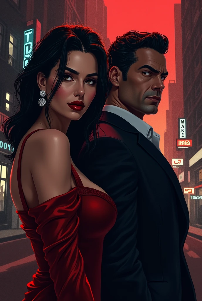 a young thin bald man with a black beard, mafia style,a sexy girl leans on his shoulder, in a club, oil painting, highly detailed, cinematic lighting, dramatic chiaroscuro, gritty and grungy atmosphere, rich colors, moody, Bill Sienkiewicz inspired art,
