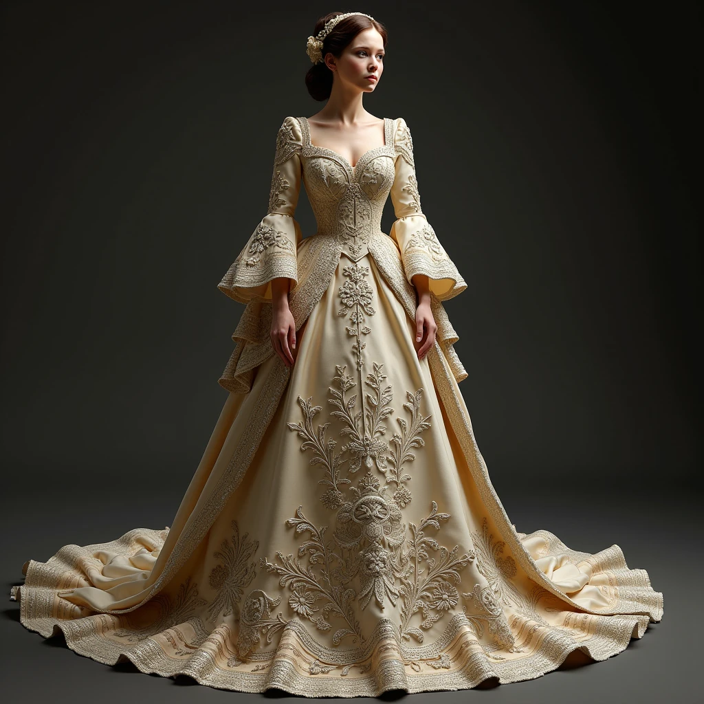 Tall and beautiful, but the beautiful queen is in her palace, her dark hair is pulled back into a bun, She is wearing a magnificent white and gold satin ball gown with an extremely wide, flowing skirt, reminiscent of Cinderella's dress, decorated with crystals and precious stones, with a long blue royal cape, huge diamond crown