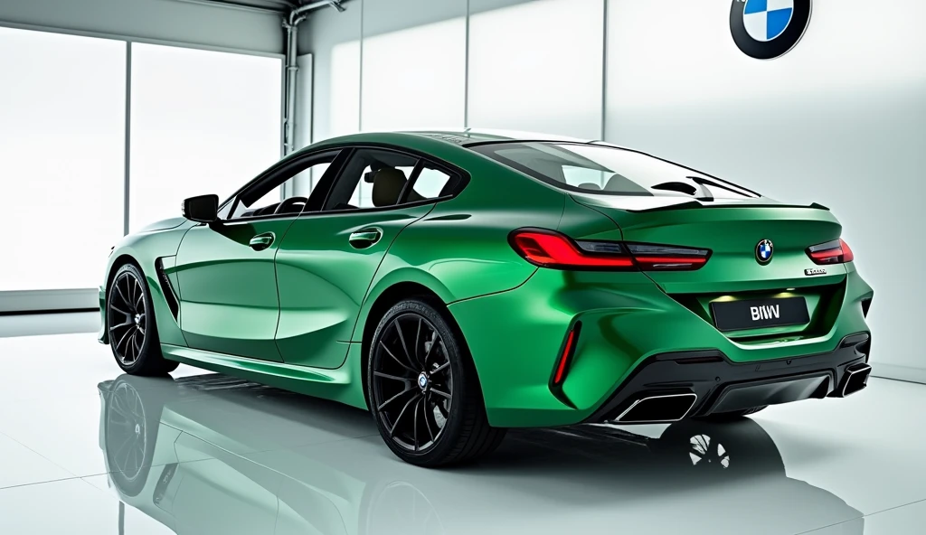 only back view of painted Green shiny colour .with car logo in showroom wall. model 2025 BMW 8 series Gran sleek in original model shape large with sports look sedan with sleek backlight and original logo on its white reflection falling on car colour with captured from only back view in a Luxury bright showroom with white white floor Quality with original back view" with very low suspension of car that touches showroom surface Super Detailed, and shining of showroom falling on car surface