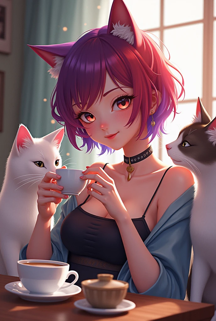 a woman sitting at a table with a cat and a cup of coffee, a picture by Nil Gleyen, trending on cg society, realism, very beautiful cute catgirl, beautiful drawing style, drawing style, illustration style, woman and cat, beautiful illustration, attractive cat girl, trending on artstration, cute detailed artwork, in style of digital illustration, cute illustration
