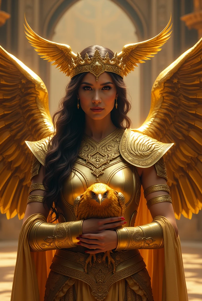 A photo of a majestic female figure adorned in golden armor, complemented by a crown featuring intricate designs and a prominent blue gem. She possesses expansive, feathered wings that radiate a golden hue. The background is ablaze with a golden light, accentuating the ethereal aura of the character. Her gaze is intense and focused, suggesting a sense of purpose or determination.