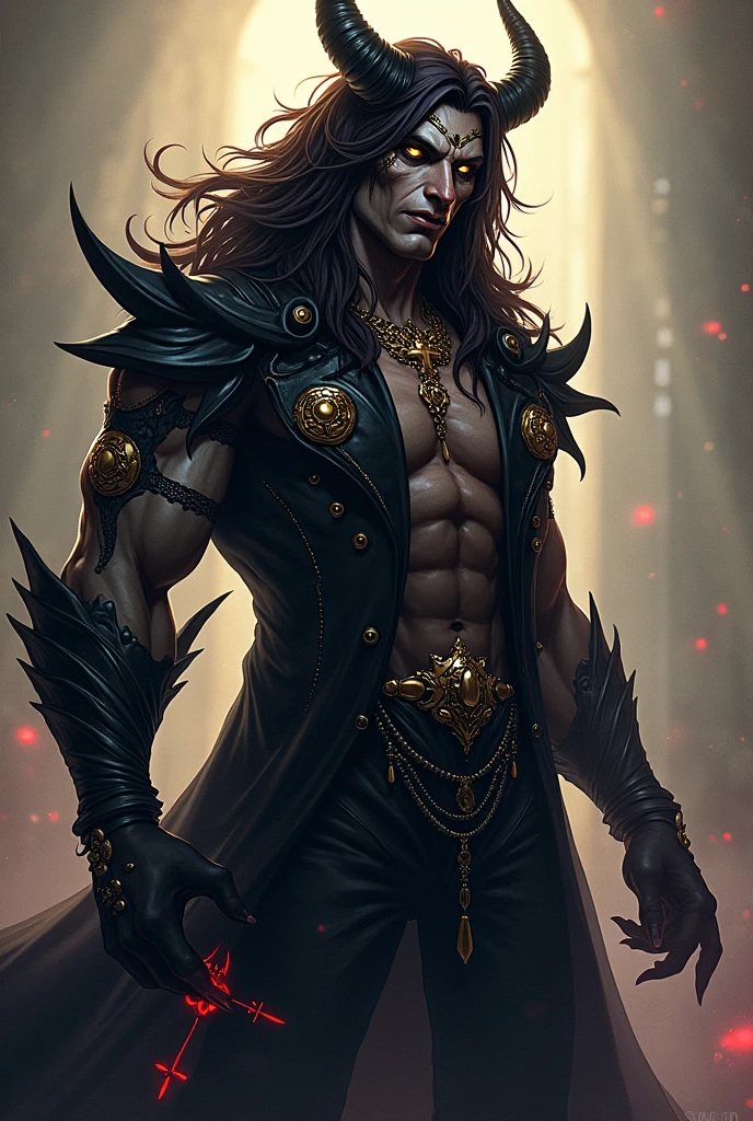 big man, full muscular body, red skin, skin scales, action, cigar smoking, vampire teeth, black hair, long hair, braids, small horns, Hellboy, jacket, rock'n'roll, robe, earrings, necklace, necklaces, armed with Trident