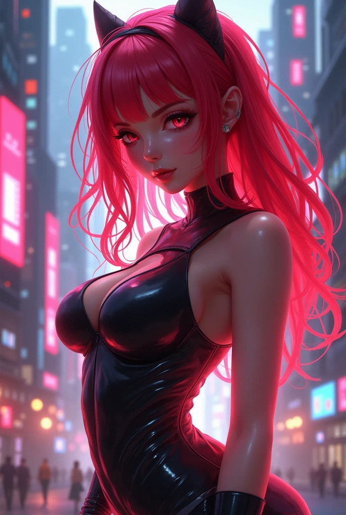 photography, masterpiece, top quality, photorealistic, 8K, high resolution, detailed skin, 8K Ultra HD, DSLR, soft lighting, high quality, film grain, Fujifilm XT3, (upper_body:1.4), 1.2, realistic, Ultra Detail, Ultra High Resolution, blurry, extremely detailed CG unity 8k wallpaper, finely detail, highly detailed, cinematic lightning, official art, perfect anatomy, perfect hands, perfect face, round face, best quality, dreamlikeart, (8k, RAW photo, best quality, masterpiece:1.2), (perfect face:1.3), (BREAK:1.7), upper body, ahri, ahri_\(league_of_legends\), ((1girl)), solo, absurdres, animal_ears, long hair, pink_hair, ((bright_pink_foxes_ears:1.5)), ((Green Eyes:1.4)), smiling softly, ((bright_pink_foxes_tail:1.5)), looking_at_viewer, skin-tight black crop top, skin-tight black pants, (looking down on the city), (night_time), dynamic pose, btpt-fc, 