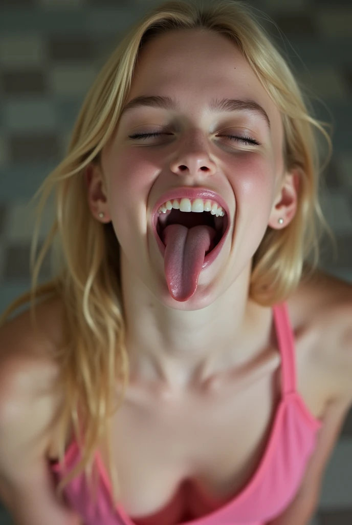 Closeup of a female young Elle Fanning's face, actress Elle Fanning when she as , skinny, small breasts, blond haired girl, NSFW, explicit,  wearing a tiny and sexy pink gym top, mouth very wide open and smiling, sticking out tongue,  dropping milk from her mouth into her neck and breasts, eyes closed, long hair, mouth full of milk, extreme skin detail, photorealistic, 8k, wallpaper, kneeling on floor, viewed from above