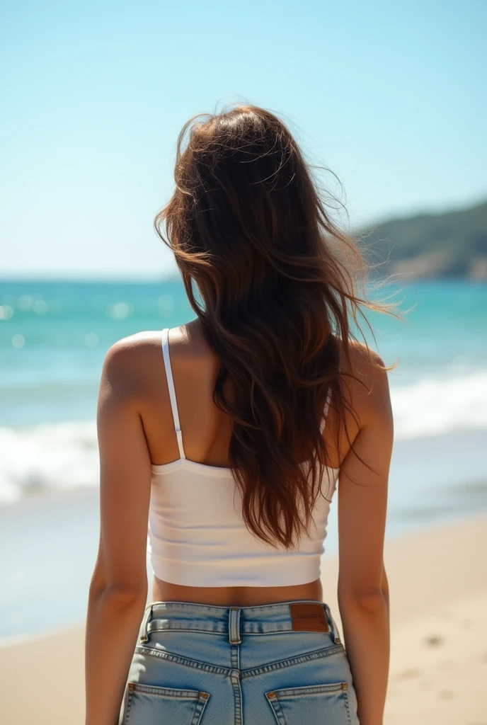 1girl in, age19, Solo, Aesthetic artwork, irish, wavy ginger hair, shoulder length hair, gray eyes, light grey eyes, pale skin, A-cup, small breasts, runners body, (textured skin, skin pores:1.1), goosebumps, standing on the beach with back to the camera looking out into the ocean, wearing sexy bikini, ass from behind ((round ass, from behind)), back shot, hidden hands (no hands visible), skinny, full body