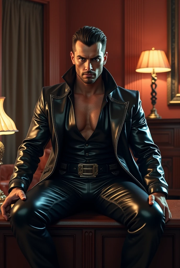 (masterpiece,8k resolution),a boy ,handsome, ((black face mask)), ((black square sun glasses)), black leather jacket, ((short black hair)) , in a strip club, sitting on sofa with leg on each other