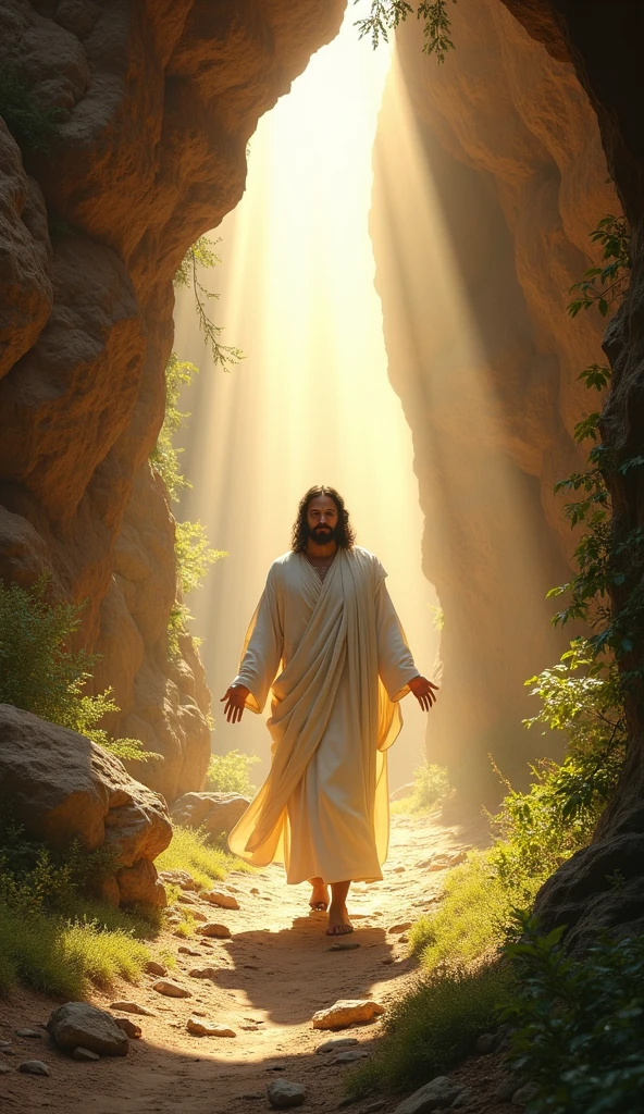 Christ the handsome face white clothes come walking out of a grave in a cave rays of light shining some green plants on an ancient mountain Israel