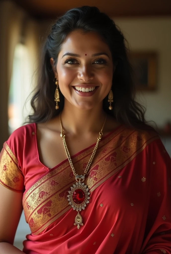 "A beautiful 41-year-old young sexy Indian mom, wearing a traditional, vibrant saree with intricate designs. She has a warm, welcoming smile and expressive eyes, radiating grace and happiness. The saree is draped elegantly, showcasing her cultural pride. The background is simple, making her the main focus, with soft lighting enhancing her natural beauty and the rich colors of her outfit."( sexy mature look)