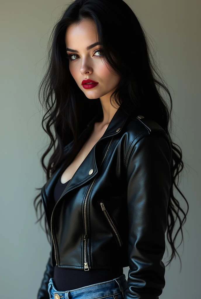 beautiful with long white hair and violet eyes like constellations, parecida com a yennefer do jogo the witcher, athletic body, She wears a black leather jacket and sweatpants..., your face is stained with blood and freckles, Your skin is white, and his expression is angry