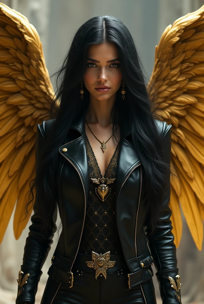 (Best Quality), (ultra-detailliert), (masuter piece), (hight resolution), (Original), (the Extremely Detailed CG Unity 8K Wallpapers), (Best Quality), (ultra-detailliert), (masuter piece), (hight resolution), (Original), (the Extremely Detailed CG Unity 8K Wallpapers), depth of field, bokeh, sharp focus, 1 woman, attractive young female model, beautiful, 20 years young, perfect face, ((bright eyes)), hourglass body shape, knik hips, tanned skin, light blue eyes, detailed eyes, blond hair, very long hair, luscious lips, sassy smile, wearing black neckband, black bracelet, black armband, wearing black leather dress, sleeveless dress, fitted dress, skintight dress, ((huge angel wings, wings extend outside of the picture, black wings are outstretched)), on a deep dark night, mid-air, bright colors, soft light, wears leather hip belt with metallic buckle, hip belt is adjusted too tightly, hip belt cuts into waist, hands on hips, close up portrait